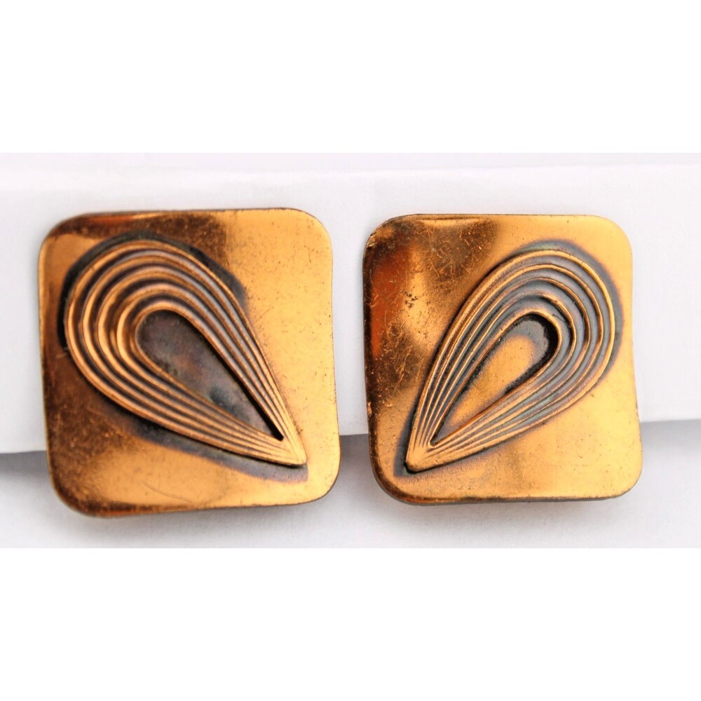 Vintage MCM Modernist Square Copper Clip on Clip Earrings 1"